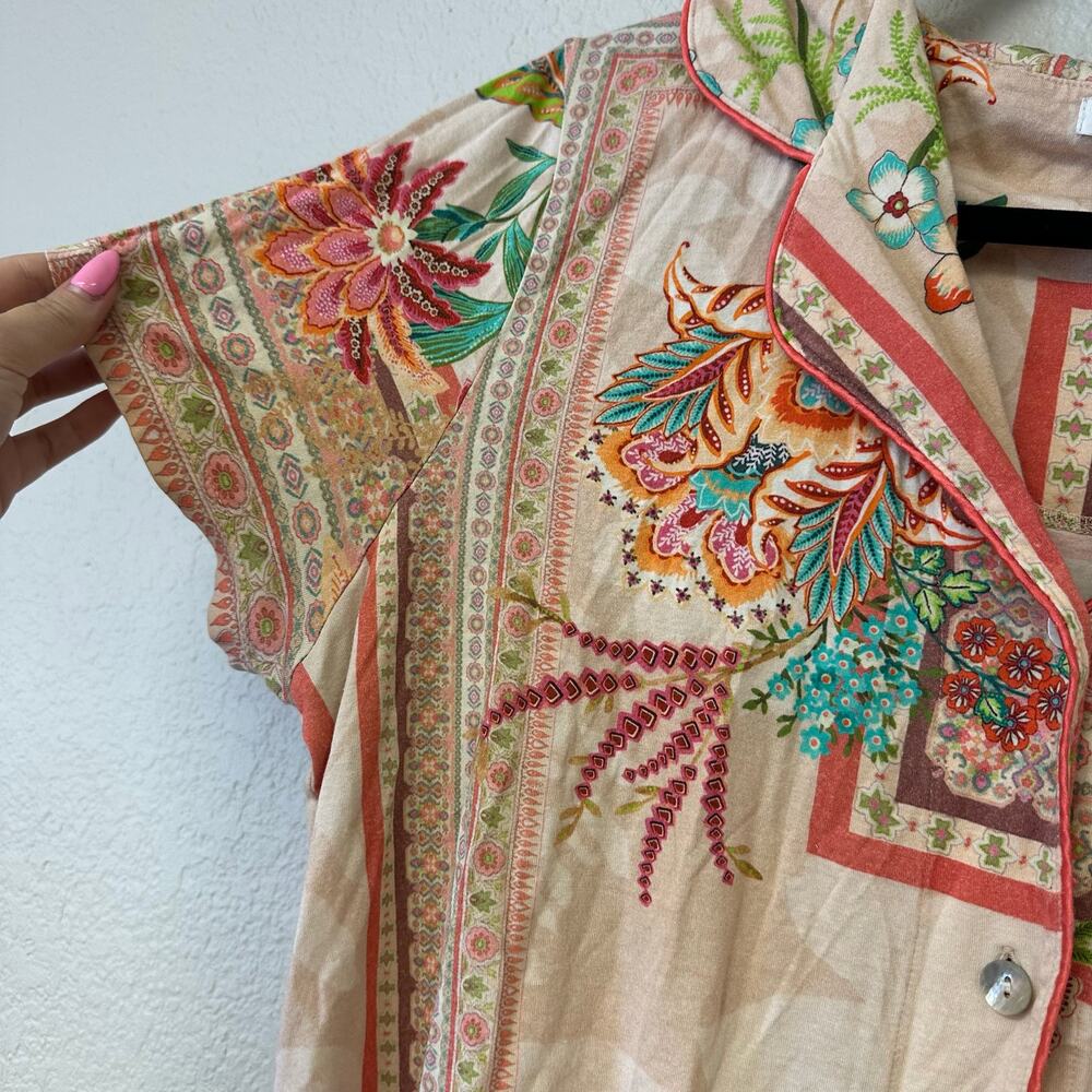 Johnny Was Printed Cotton Lounge Set Button Up Top Wide Leg Pants Rose M - Picture 8 of 9